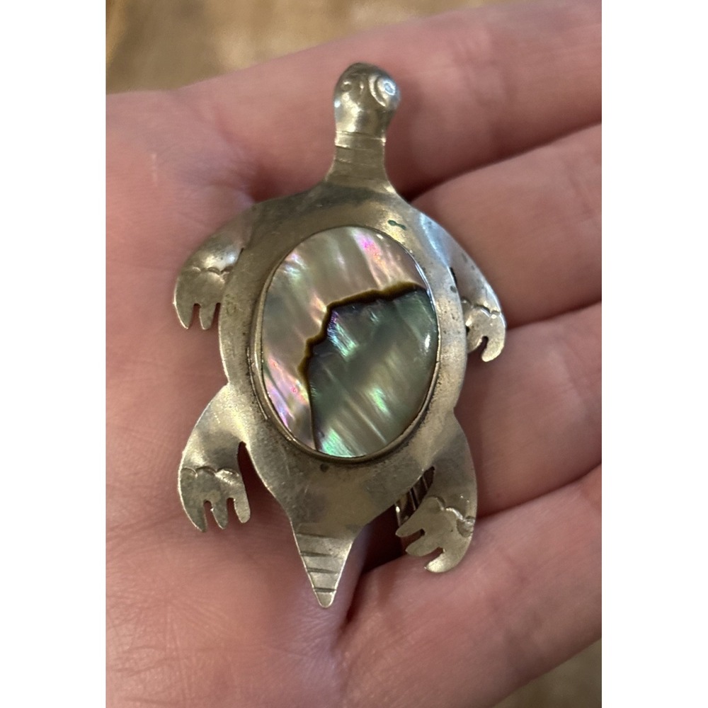 Vintage Turtle Brooch Abalone Shell Inlay Pin Silver Tone Boho